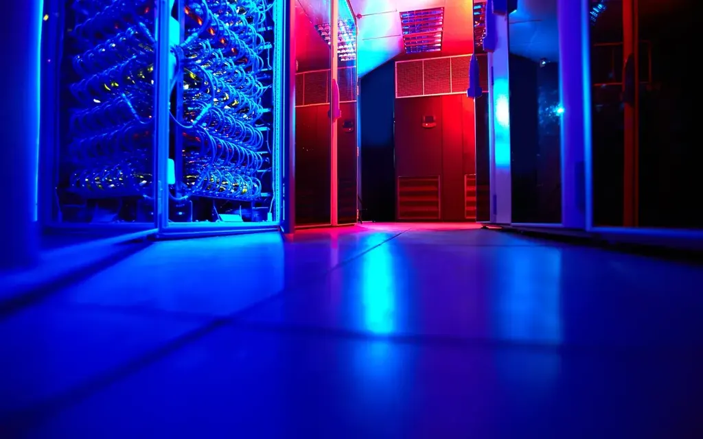 Low, cinematic view of secured datacenter infrastructure