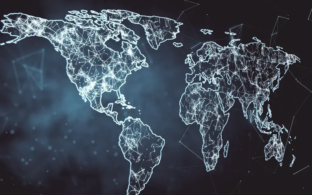 Digital world map visualizing global cyber operations