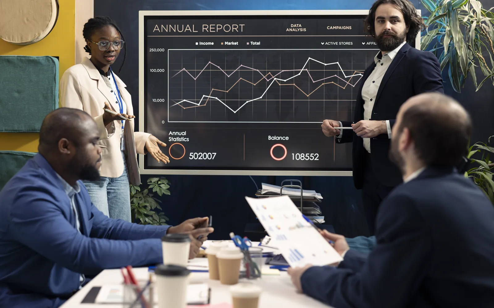 Executive team reviewing cyber resilience metrics in a briefing room