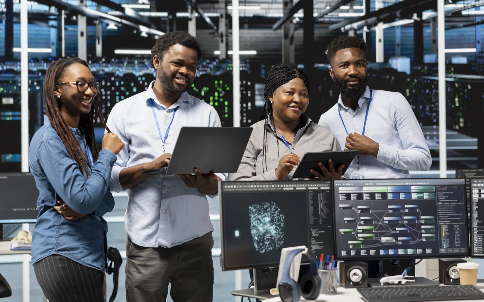 Datacenter specialists collaborating on cloud infrastructure controls